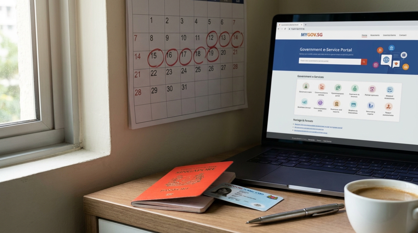 A wall calendar in a Singapore home office setting, several dates circled with red marker, a laptop showing a generic government e-service portal in the background, a passport and Singapore blue NRIC card on the desk, soft natural daylight from a window, mid-shot