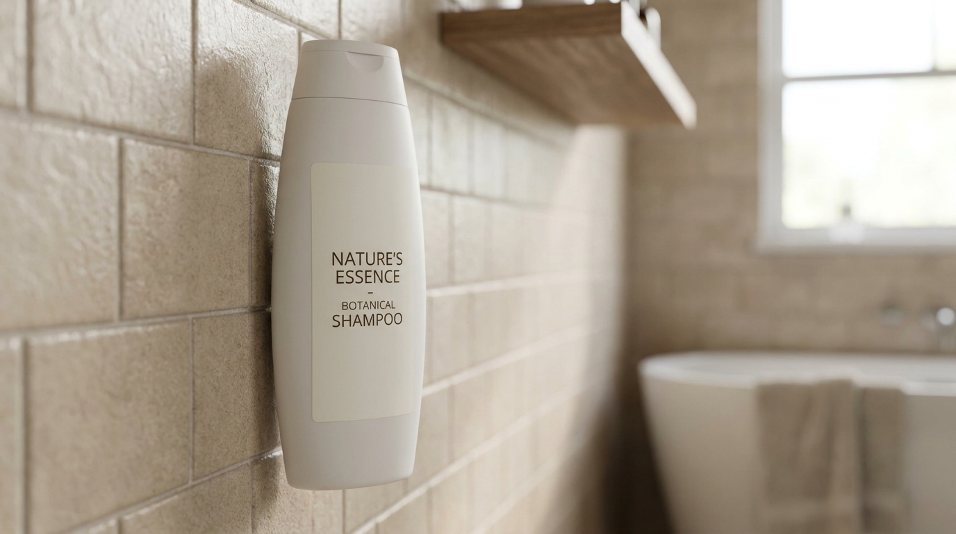 A plastic shampoo bottle with a flat back so it can rest upright against a bathroom wall, shown from the side angle