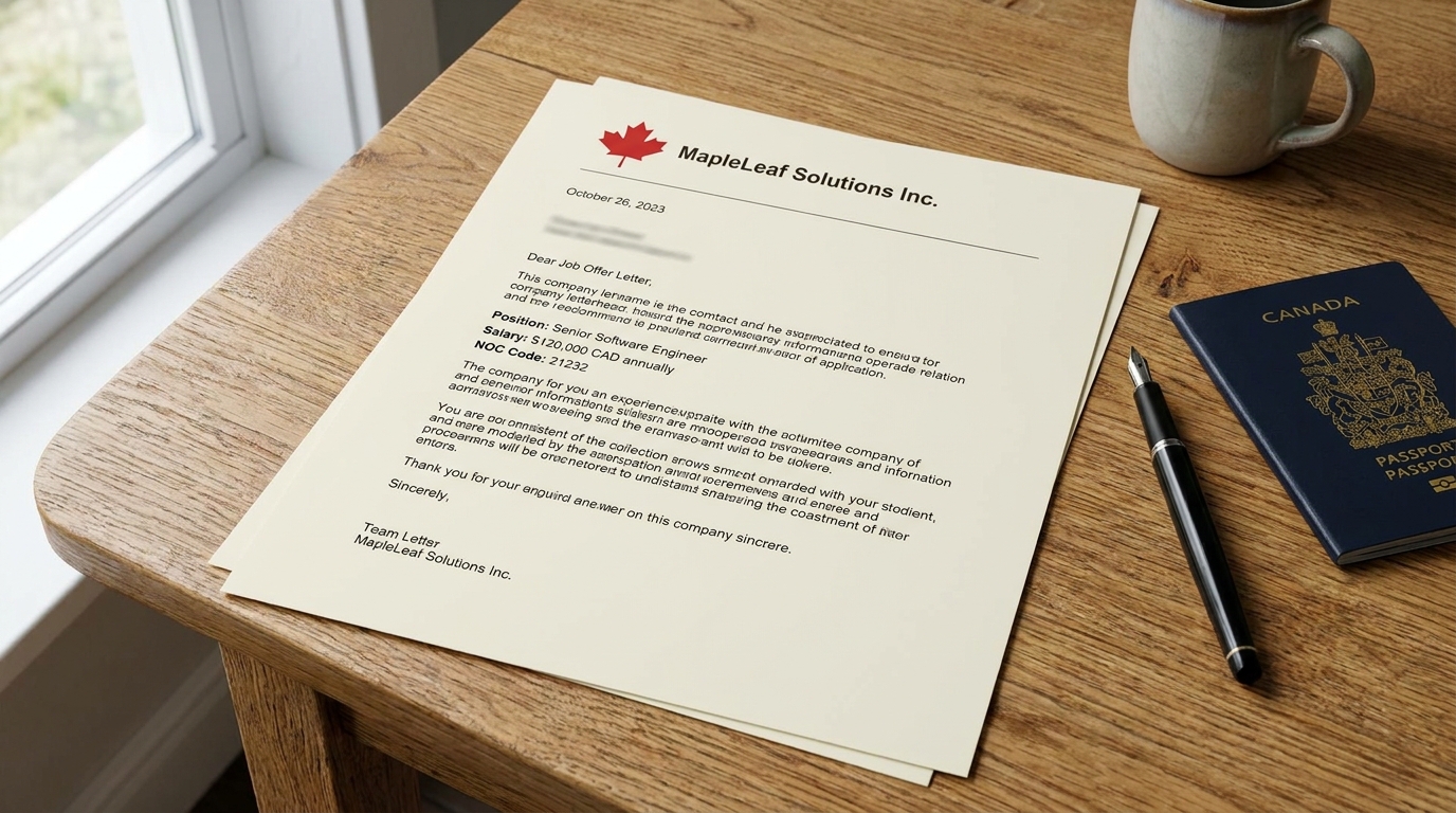A formal Canadian job offer letter on official company letterhead lying on a wooden desk, with details about position, salary, and NOC code visible, next to a passport and pen, soft natural lighting