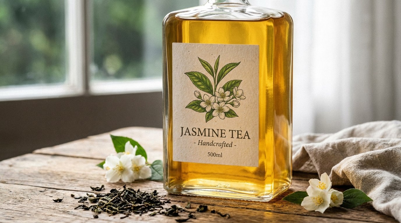 A rectangular glass bottle of sweet jasmine tea with a paper label showing green tea leaves, sitting on a wooden table