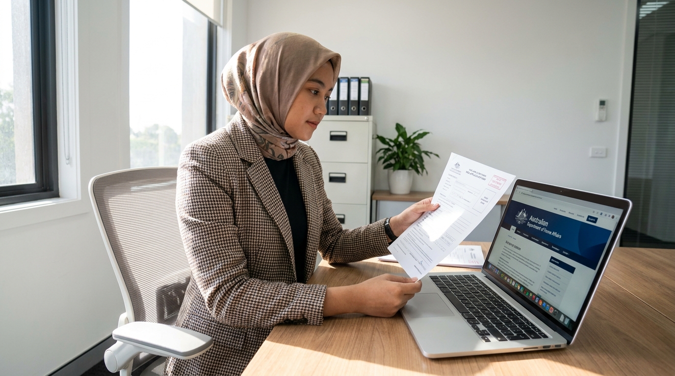 A young Indonesian professional sitting at a desk reviewing visa documents with a laptop showing the Australian Department of Home Affairs website, daylight from a window, neutral office setting, realistic photograph