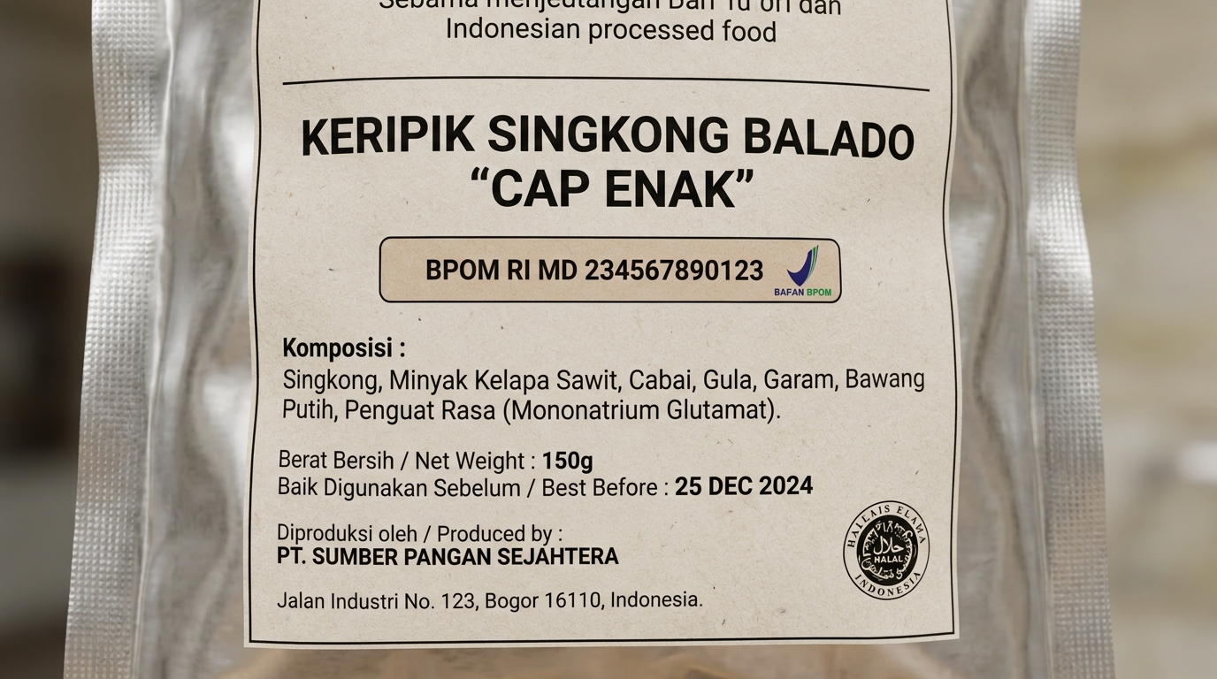 Indonesian processed food package label with mandatory BPOM information highlighted including product name, ingredient list, net weight, expiry date, producer address, halal logo, and BPOM registration number