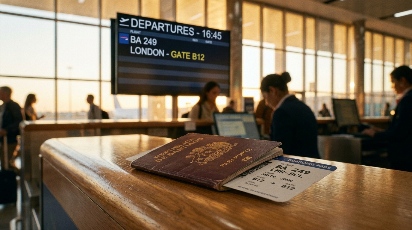 A foreign passport sitting on a wooden counter at an airport check-in desk, a printed boarding pass placed on top of the passport, a partly visible departure information screen in the soft-focus background showing flight times, warm late-afternoon lighting