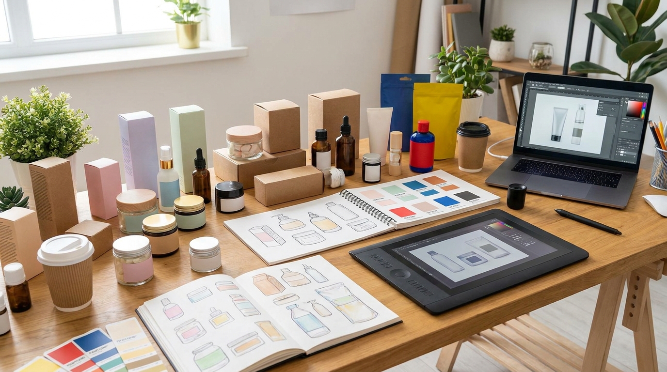 Beberapa kemasan produk skincare dan makanan dalam berbagai bentuk dan warna ditata di atas meja kerja desainer, di samping sketsa desain dan palet warna