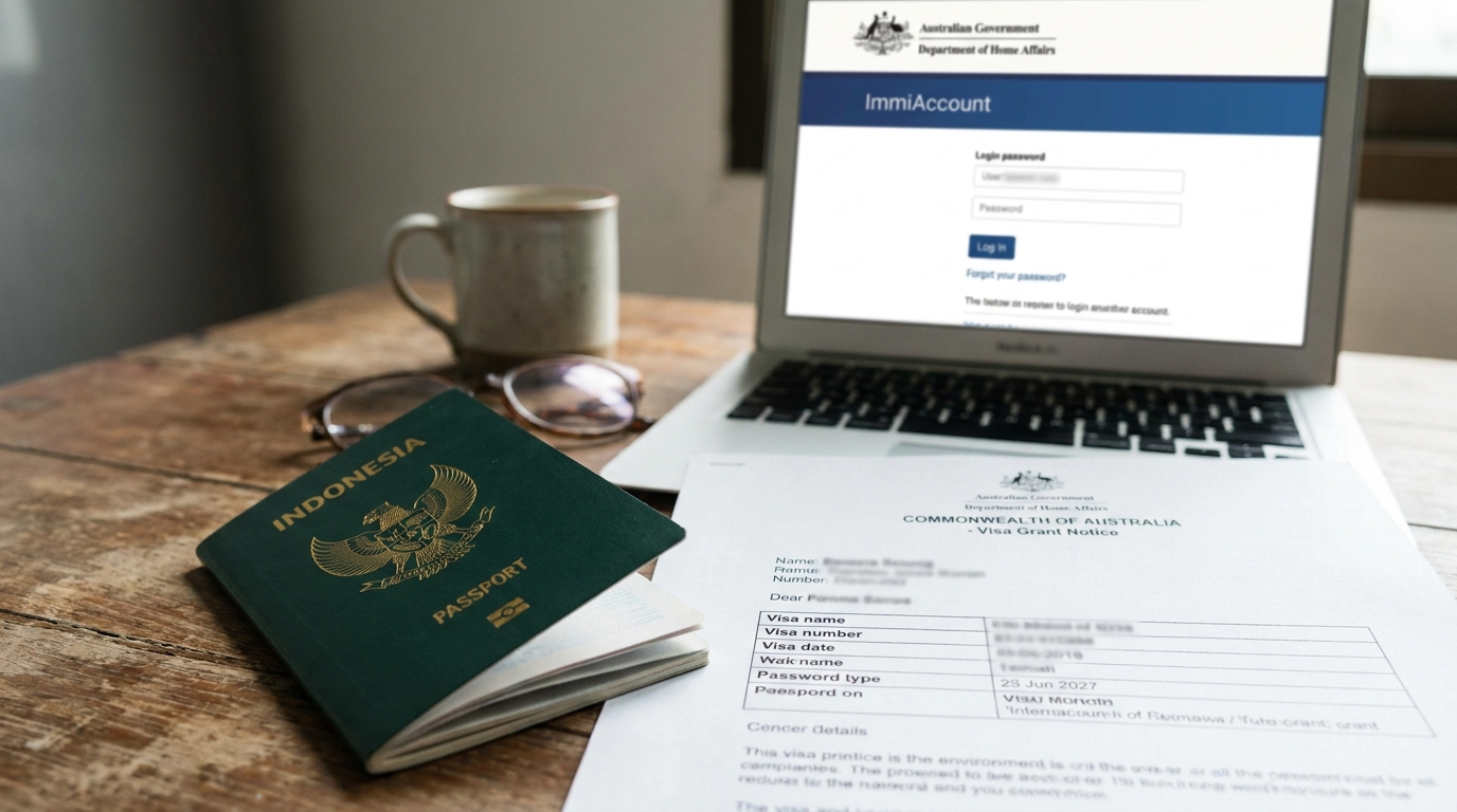 An Indonesian passport open on a wooden desk next to a printed Australian visa grant letter, with a laptop in the background showing the ImmiAccount portal, soft natural office lighting