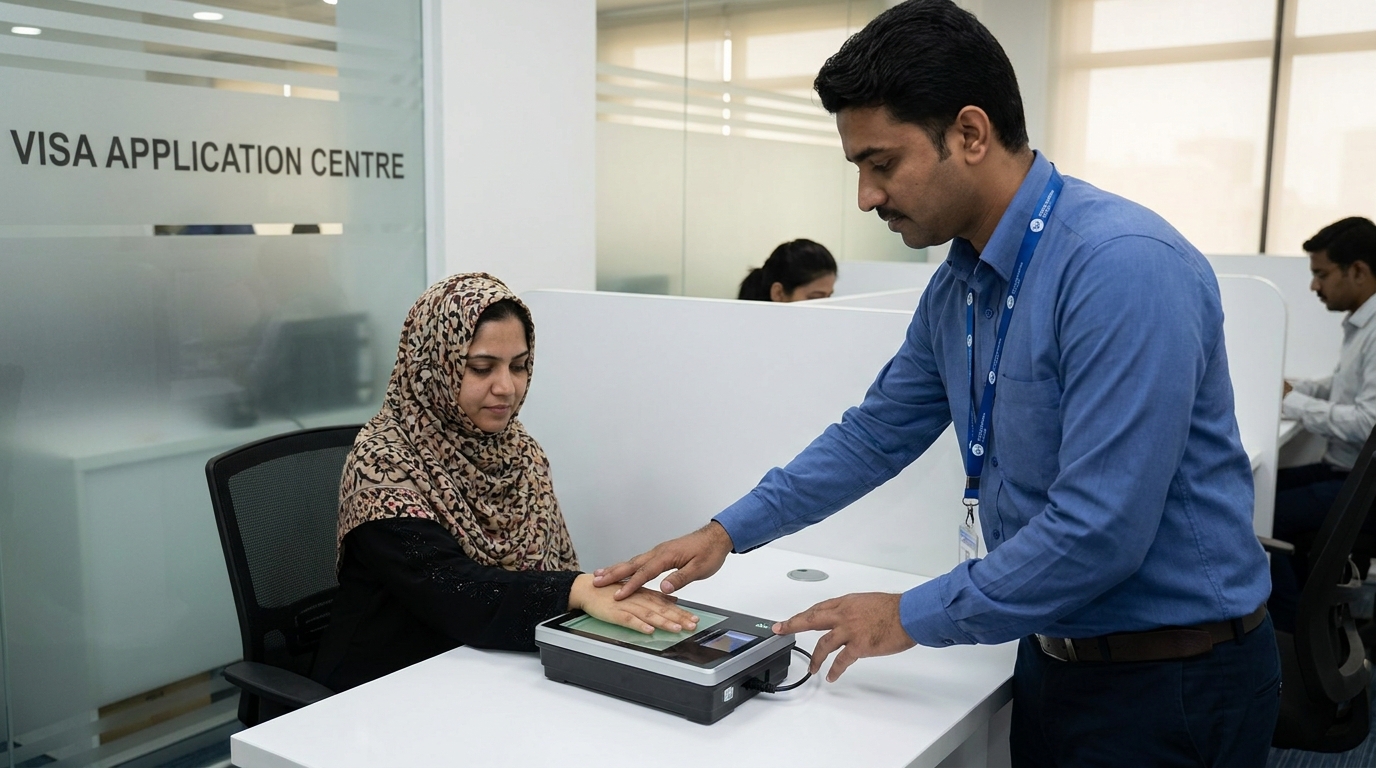 A visa application centre staff member taking fingerprint biometrics from a seated applicant using a digital fingerprint scanner, modern office interior with white walls, professional setting, soft indoor lighting
