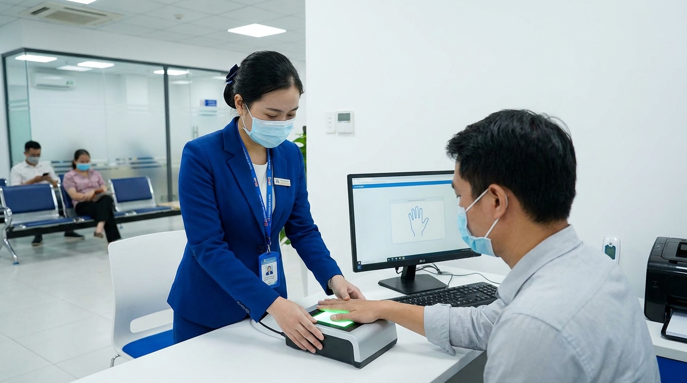 A visa application centre staff member taking fingerprint biometrics from a seated applicant using a digital fingerprint scanner, modern office interior with white walls, professional indoor lighting