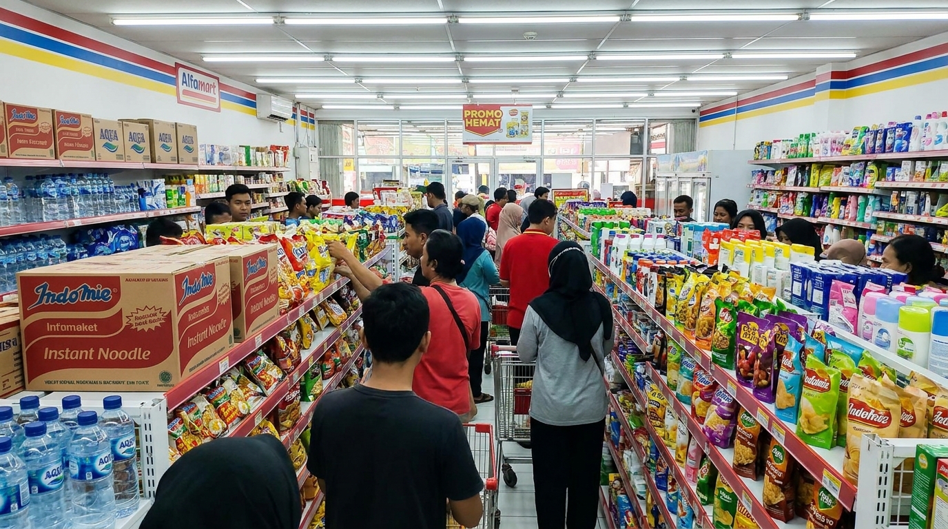 A supermarket aisle in an Indonesian minimarket with shelves full of consumer product packaging - bottles, pouches, and boxes - competing for shopper attention, shot from a customer perspective