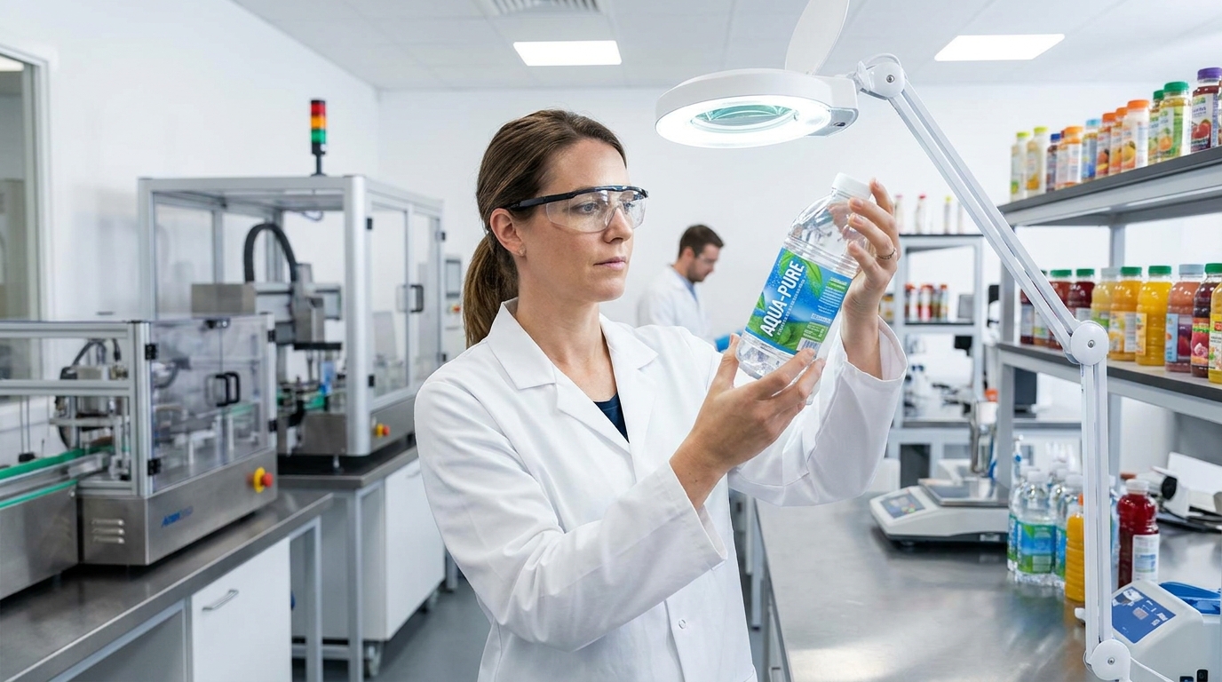 A worker holding a plastic bottle and inspecting the printed logo placement on the front panel in a packaging quality check
