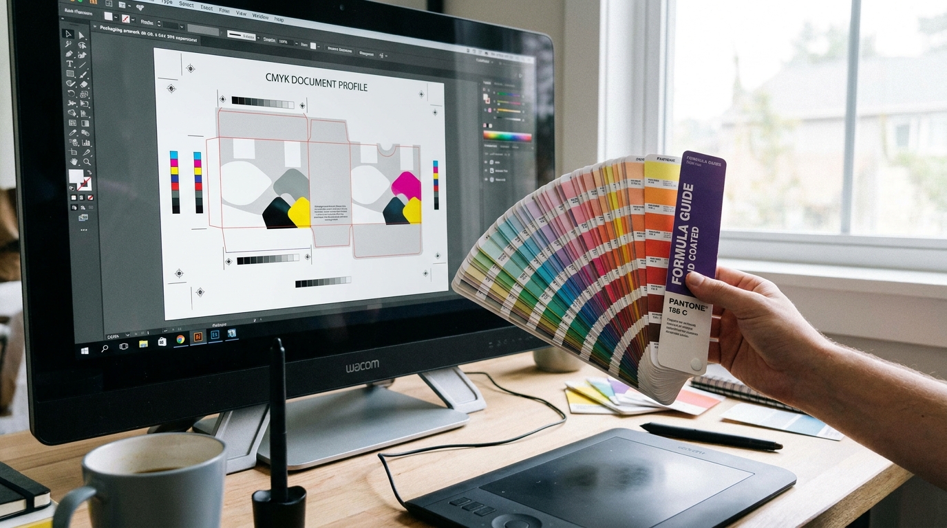 Close-up view of a designer's monitor showing a packaging artwork file in CMYK mode next to an open Pantone color swatch book on the desk