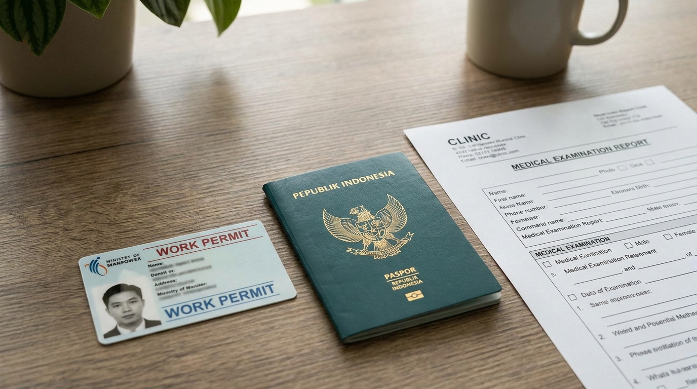 A Singapore Ministry of Manpower Work Permit card and an Indonesian passport placed next to a medical examination form on a wooden desk, soft daylight, neutral background