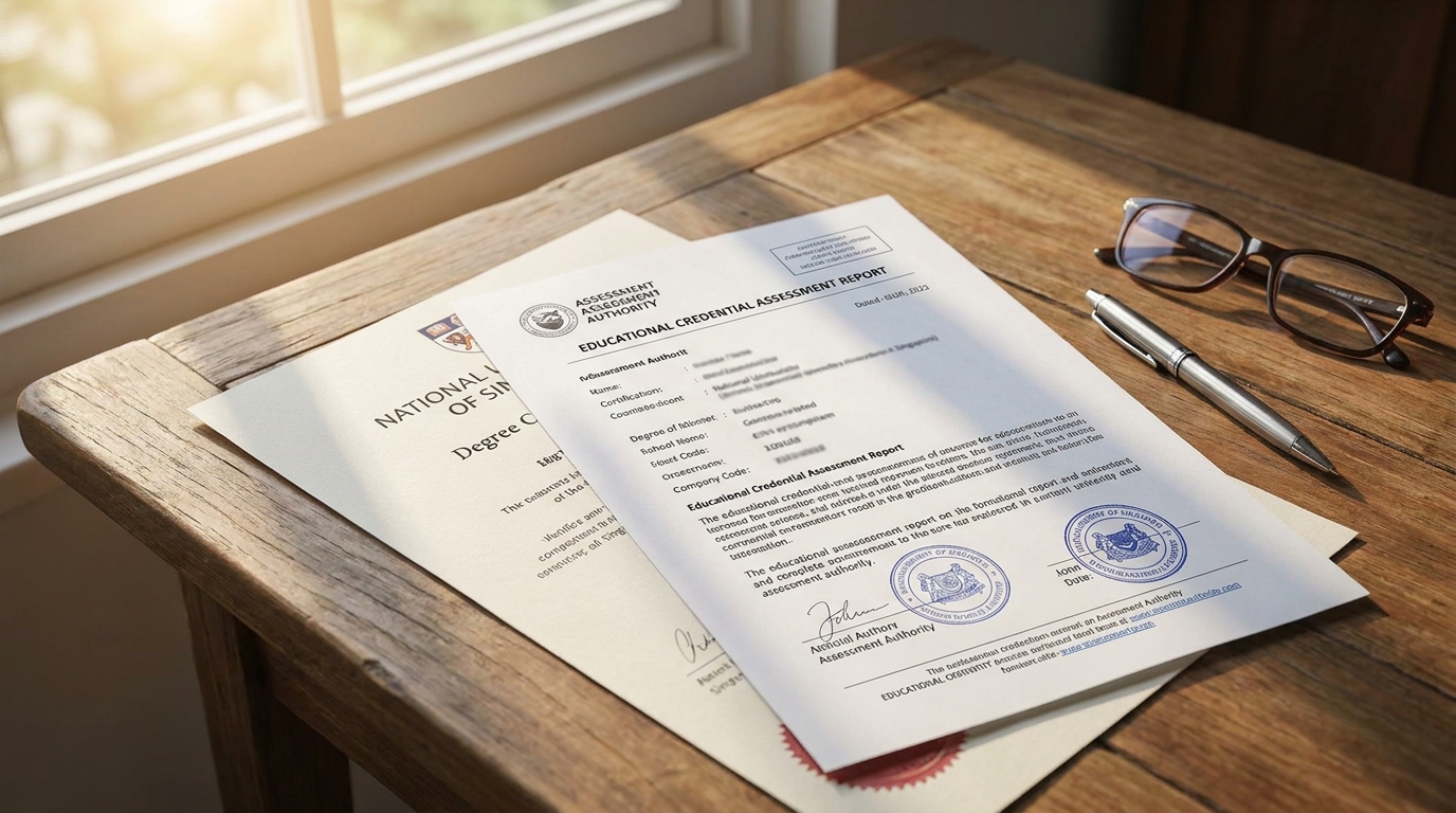 A close-up photograph of an official educational credential assessment report on a wooden desk, with a Singapore university degree certificate partially visible beneath it, a pen and reading glasses placed nearby, warm natural lighting from a side window, shot from a slight overhead angle