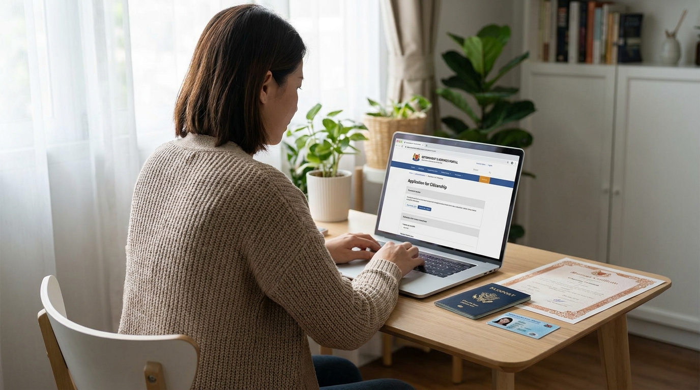 A woman in her early thirties seated at a small home desk in front of a laptop, the laptop screen showing a generic government e-service portal page, her foreign passport, a Singapore blue NRIC card, and a marriage certificate visible on the desk beside the laptop, soft natural daylight from a window in the background, mid-shot