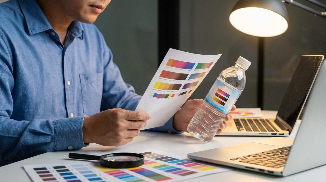 A person holding a printed label color proof next to a finished plastic bottle under a desk lamp, comparing the printed colors carefully