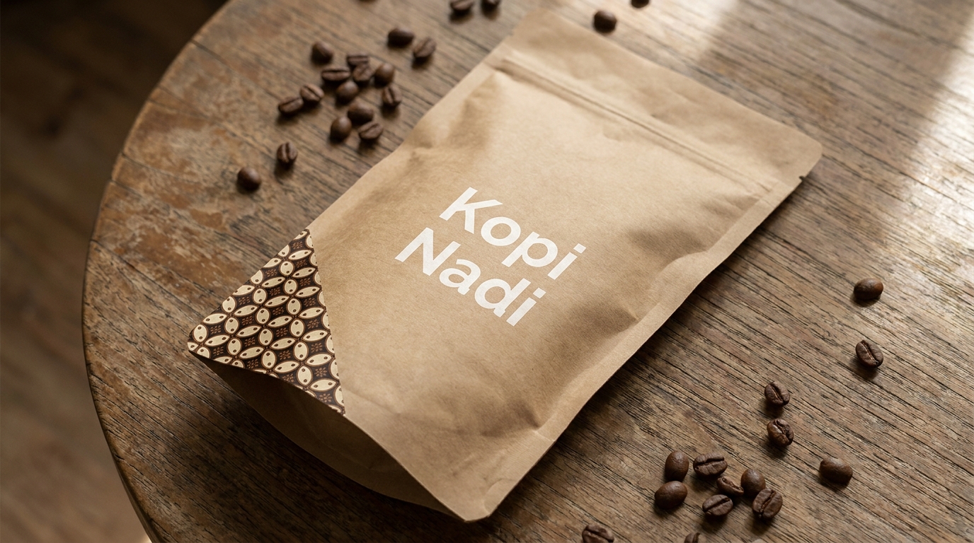 Sebuah pouch kopi berwarna cokelat tua dengan satu motif batik kawung kecil tercetak di pojok bawah sebagai aksen, nama brand dalam font modern bersih di tengah, diletakkan di atas meja kayu