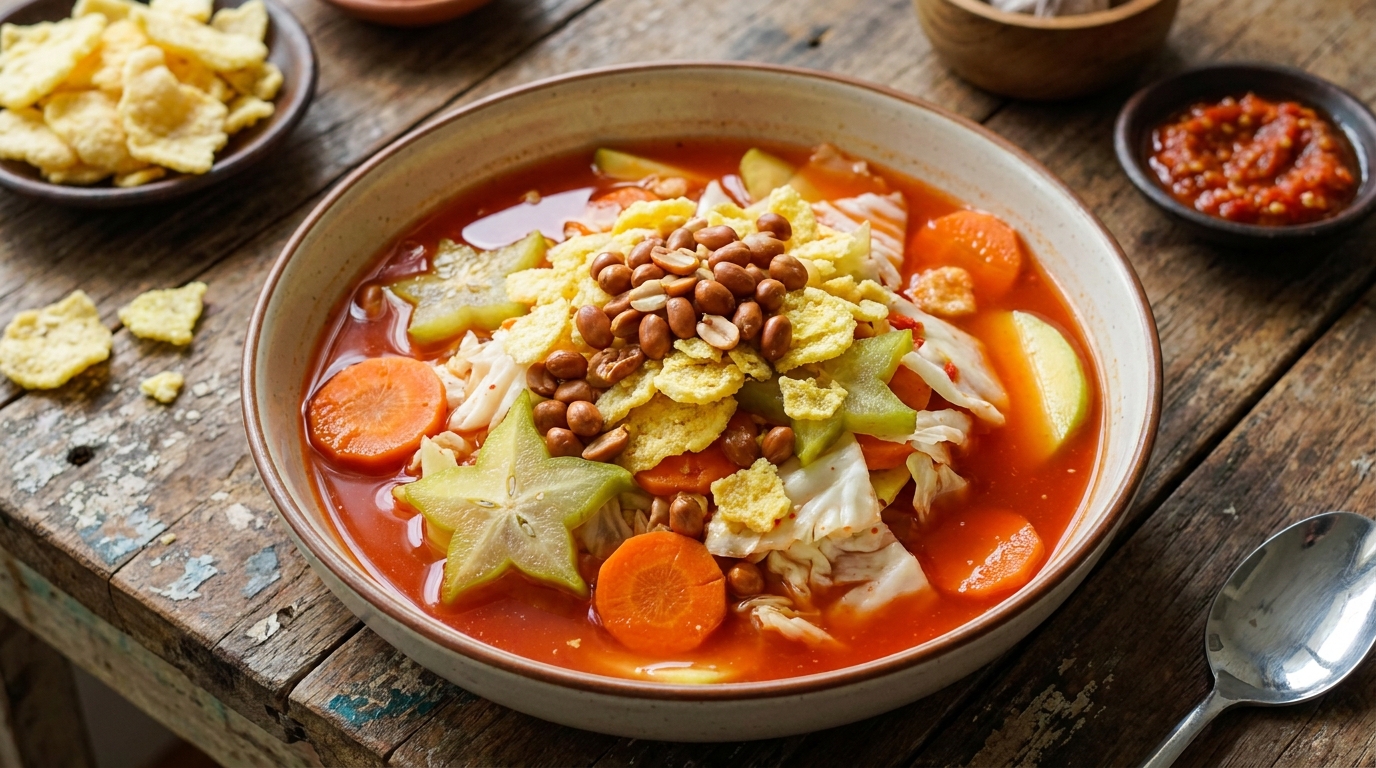 Semangkuk asinan Bogor dengan kuah merah cair, isian potongan wortel, kol, kedondong, dan mangga muda, ditaburi kacang tanah goreng dan kerupuk kuning di atas meja kayu