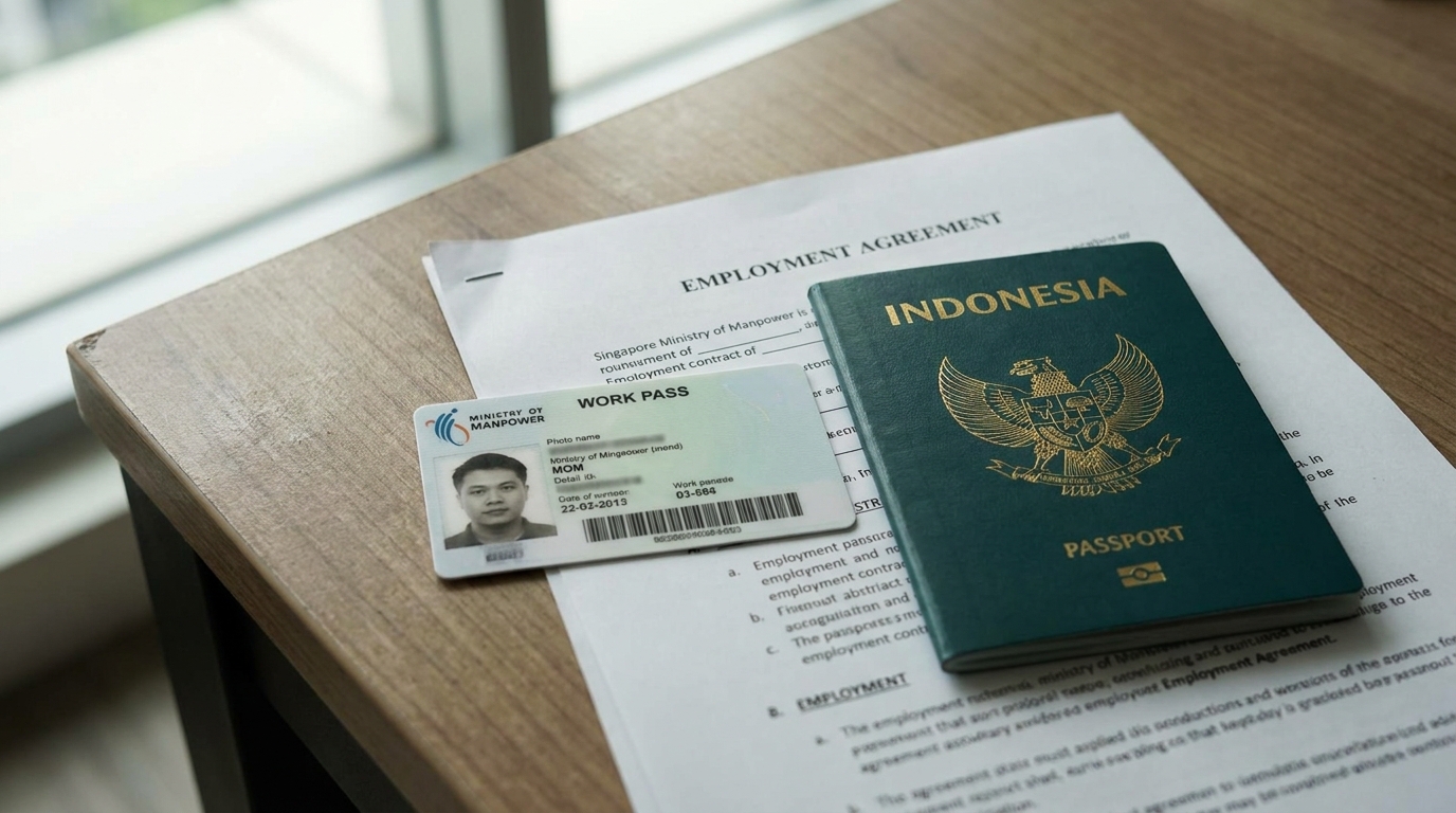 A Singapore Ministry of Manpower work pass card and an Indonesian passport placed side by side on an employment contract document, soft daylight, neutral wooden desk