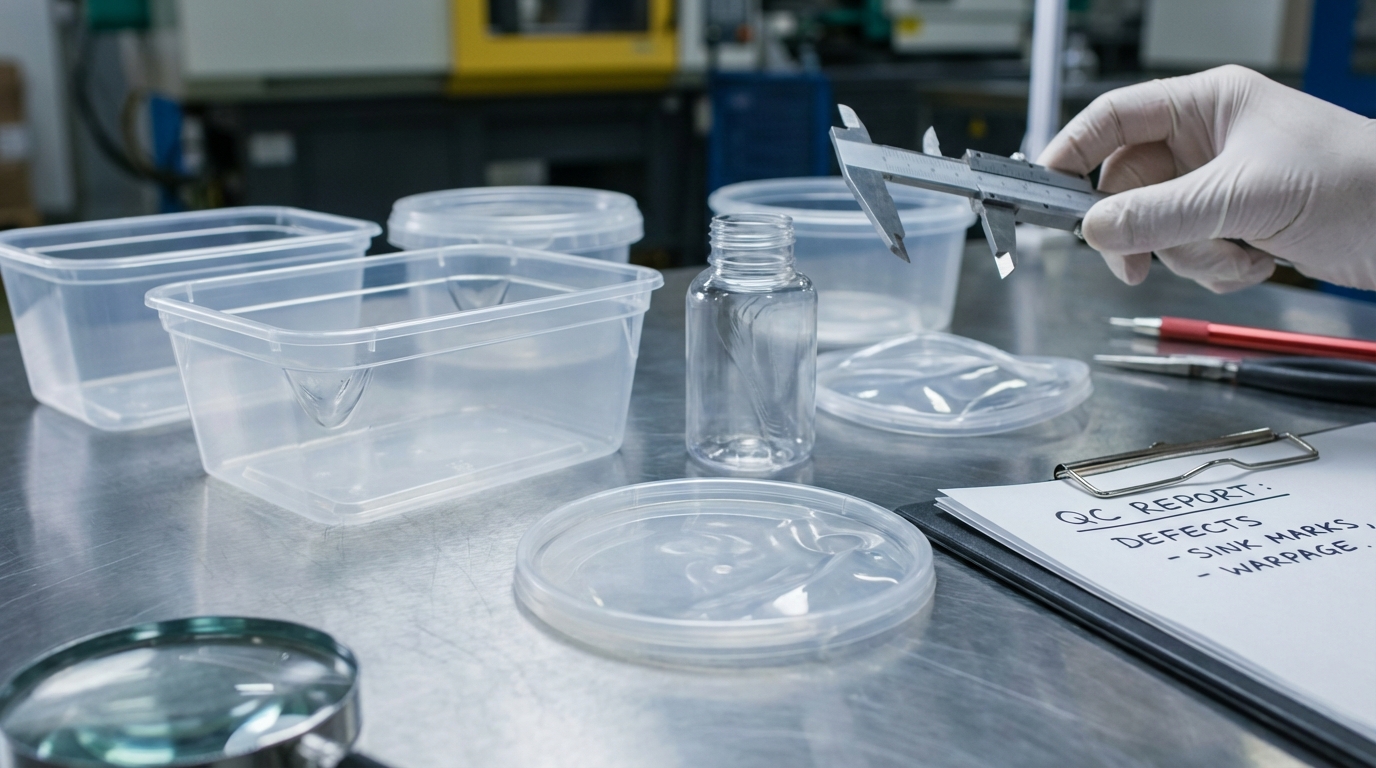 Close-up photo of plastic packaging defects showing sink marks and warping on injection molded containers on a factory inspection table