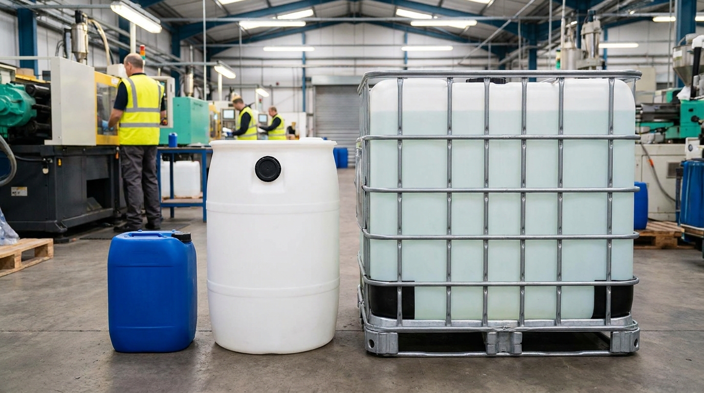 Tiga format kemasan kimia industrial berbaris di area produksi pabrik plastik: jerigen 20 liter biru, drum HDPE 200 liter putih, dan IBC 1000 liter dengan rangka logam pelindung