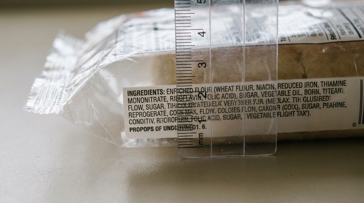 A small ruler placed next to the ingredient text on a plastic package to measure the tiny letter height