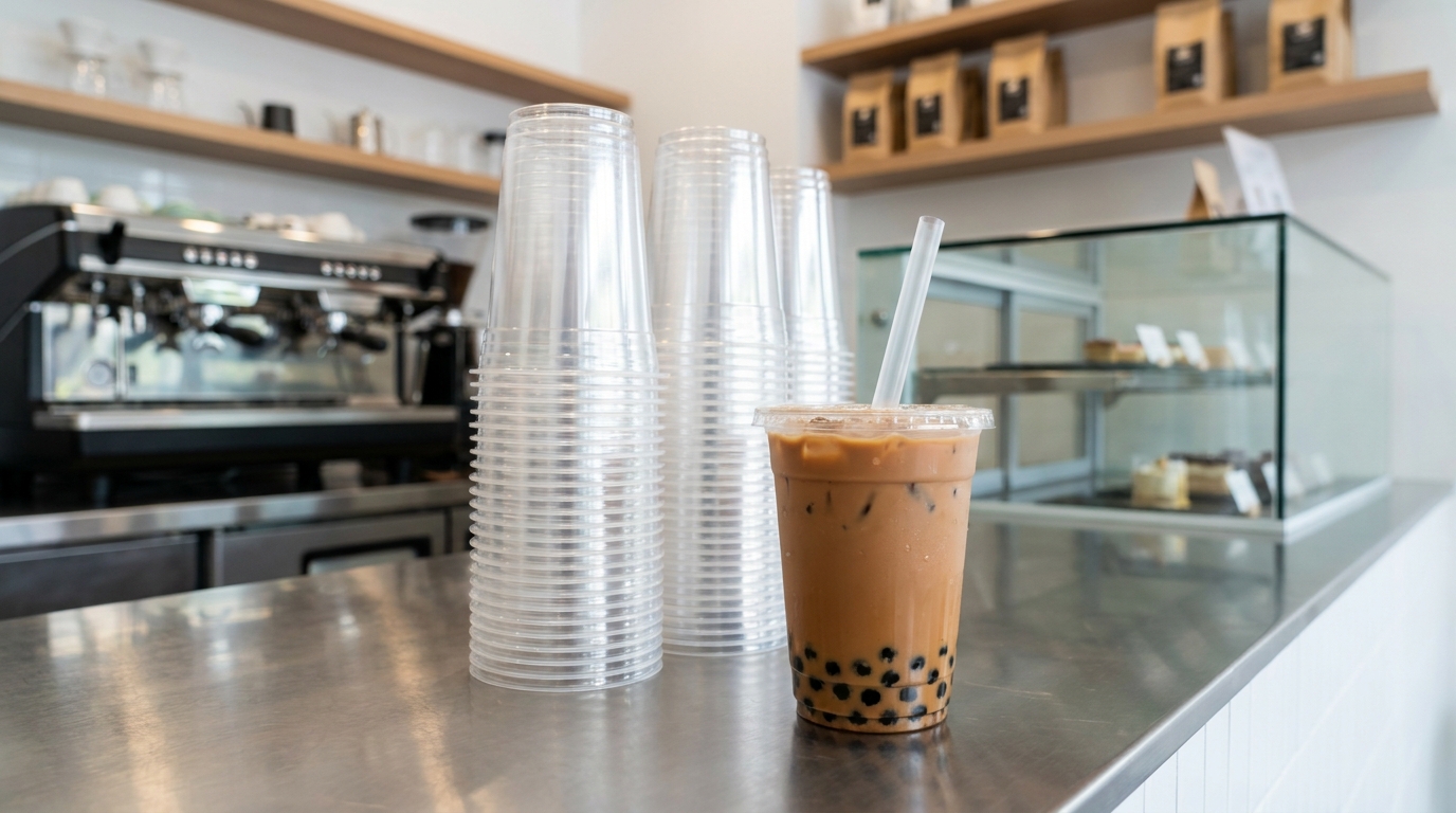 A stack of clear disposable polystyrene plastic cups on a stainless steel counter, with one cup filled with iced milk tea and a clear plastic straw, in a clean modern beverage shop setting