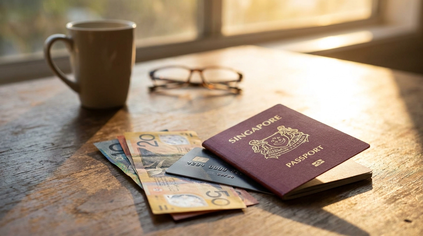 A Singapore passport placed next to Australian dollar banknotes and a credit card on a wooden surface, warm natural light from a nearby window
