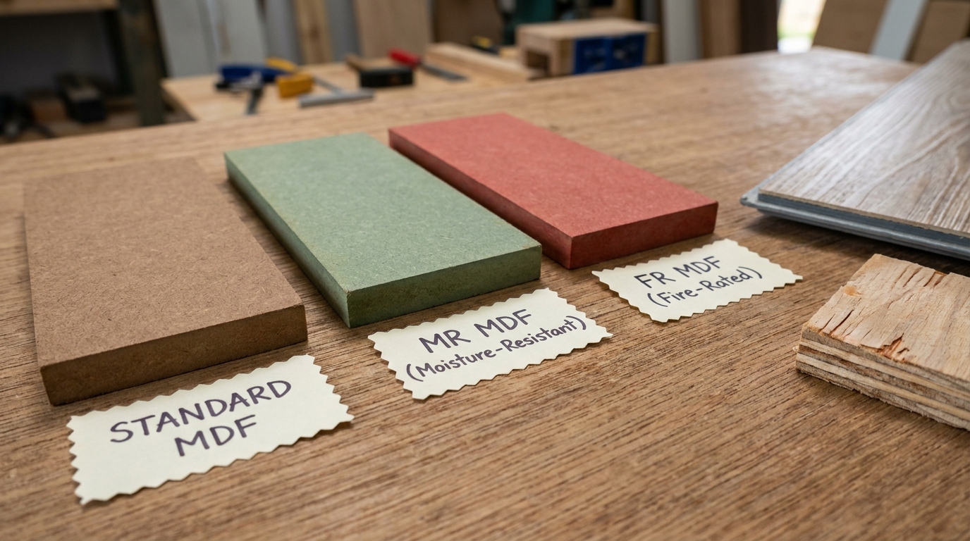 A close-up of three MDF board samples laid side by side on a wooden desk — one standard, one moisture-resistant green-tinted, one fire-rated red-tinted — with small handwritten paper labels next to each sample showing their grade, alongside a vinyl flooring plank cross-section and a marine-grade plywood off-cut