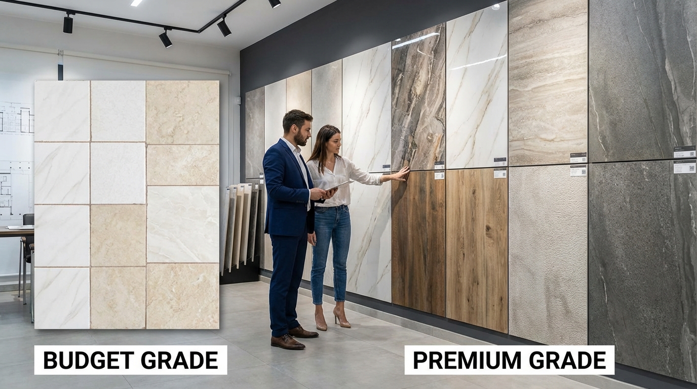 Different grades of porcelain floor tiles arranged side by side showing quality difference between budget and premium options