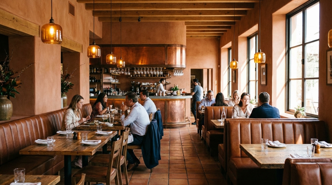 Restaurant interior with warm earth tones including terracotta, amber, and rich browns