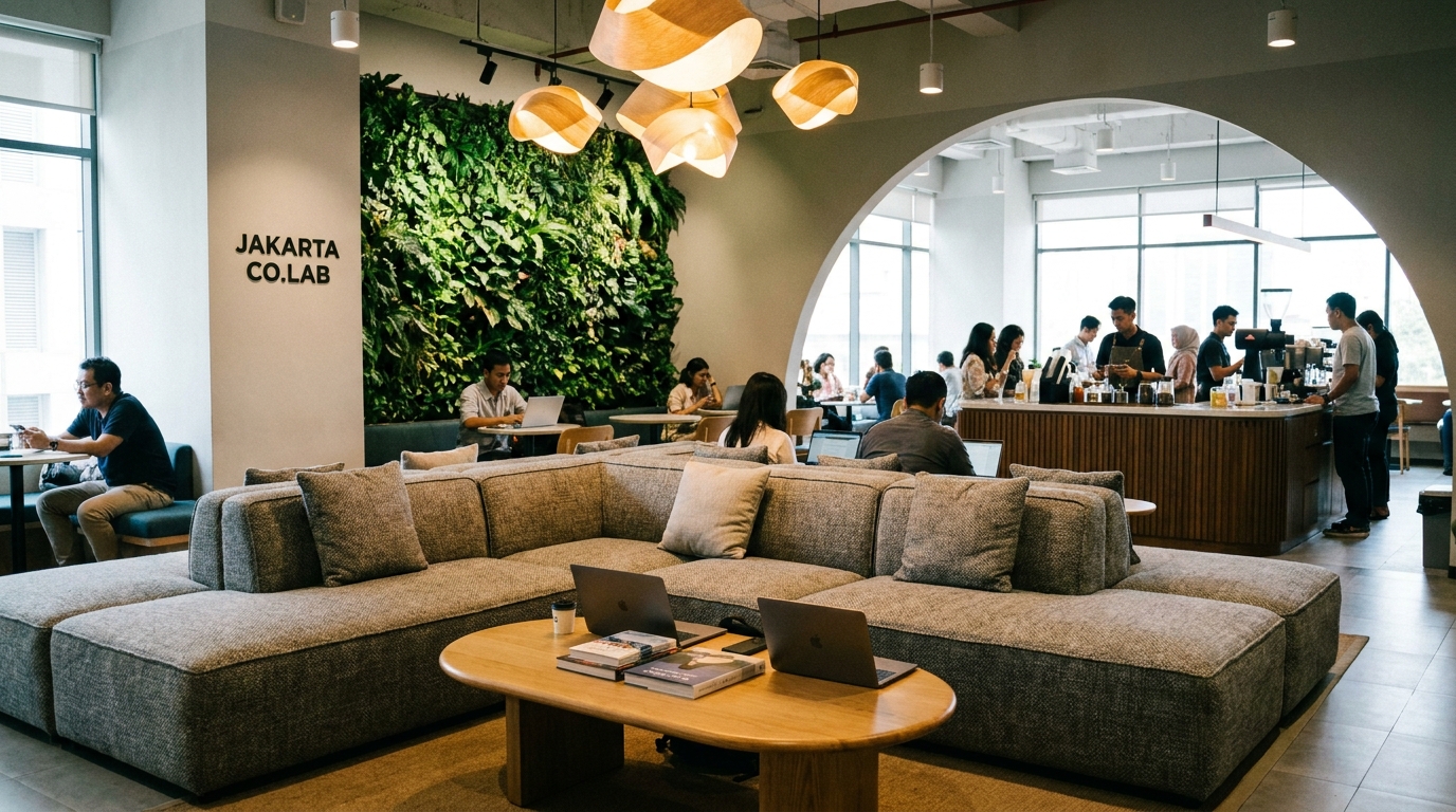 A modern open collaboration lounge in a Jakarta coworking space with a low modular sofa, an oval coffee table, a small green plant wall behind, and warm pendant lighting overhead, with a coffee bar visible in the background