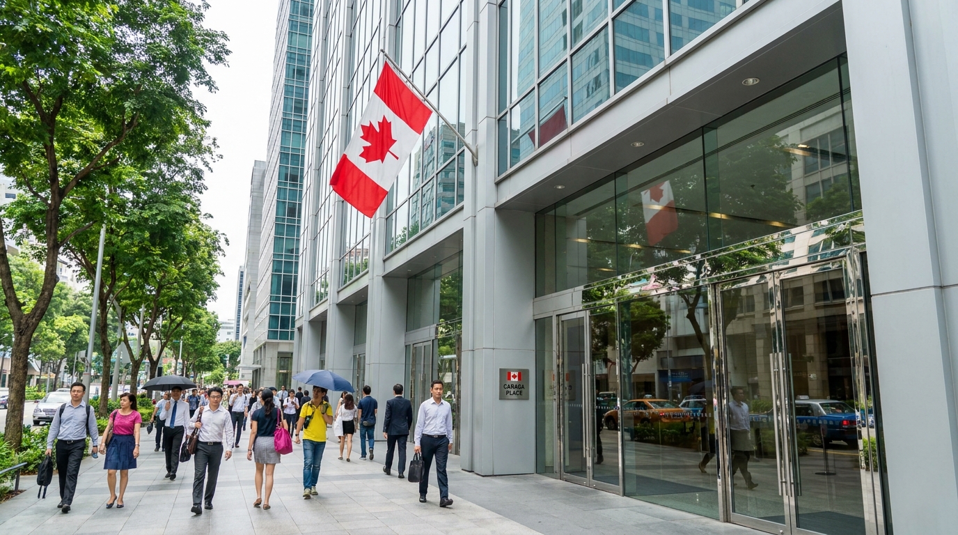 The exterior of a modern downtown Singapore office tower at street level during the day, with a Canadian flag visible at the building entrance and glass doors at the ground floor, pedestrians passing on the pavement