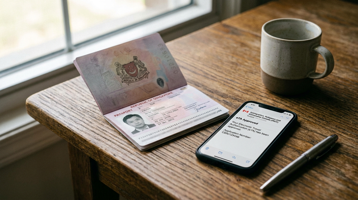 A Singapore passport opened to the photo page resting on a wooden table beside a smartphone displaying a Canadian eTA approval email