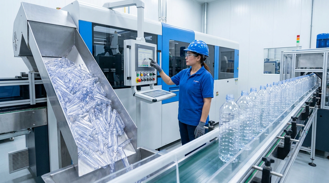 A factory worker in a blue uniform and safety gear operating a PET stretch blow molding machine in a clean industrial setting, with PET preforms visible in a feeding tray and a row of finished clear plastic bottles emerging from the machine