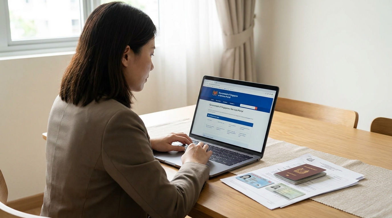 A woman in her mid-thirties seated at a home dining table in front of a laptop, the laptop screen showing a generic government e-service portal page, with a Singapore blue NRIC card, a foreign passport, and a small stack of paper documents arranged neatly beside the laptop, soft natural daylight from a window in the background