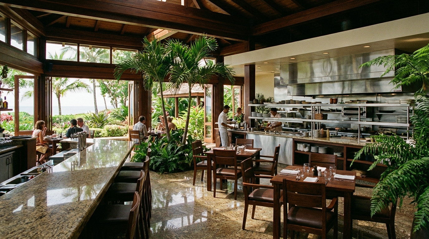 Restaurant interior featuring granite stone, sealed wood, and stainless steel in tropical climate