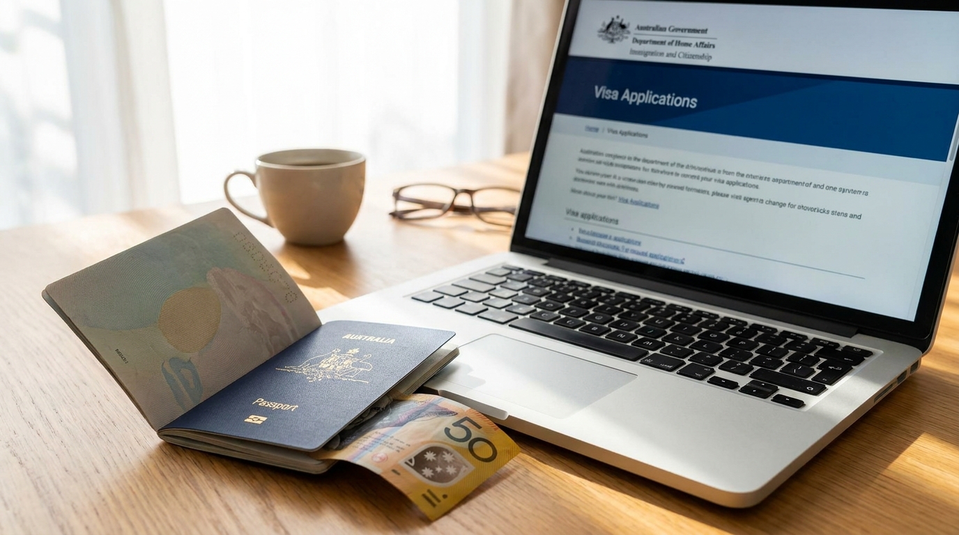 A close-up of an Australian passport lying on a wooden desk next to a laptop showing an online government immigration portal, with an Australian dollar note partially visible, soft natural daylight from a window