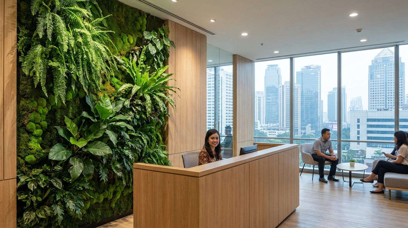 A modern Jakarta office reception area with a large vertical green wall of live tropical plants, natural timber accents, and soft daylight from floor-to-ceiling windows
