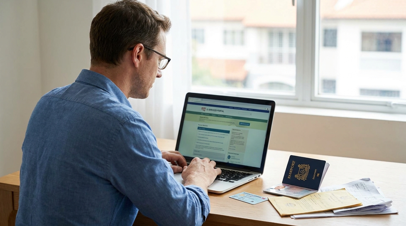 A man in his late thirties seated at a small home desk in front of a laptop, the laptop screen showing a generic government e-service portal page, his elderly father's passport open to the bio page, a Singapore blue NRIC-style card, a birth certificate, and a stack of paper documents visible on the desk beside the laptop, soft natural daylight from a window in the background, mid-shot
