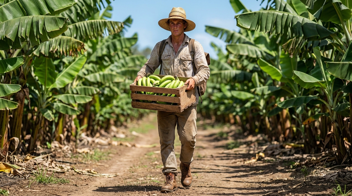 A young backpacker in straw hat, long sleeves, and work boots carrying a crate of bananas through rows of green banana trees on a tropical North Queensland farm under bright midday sunlight, blue sky background, realistic photograph