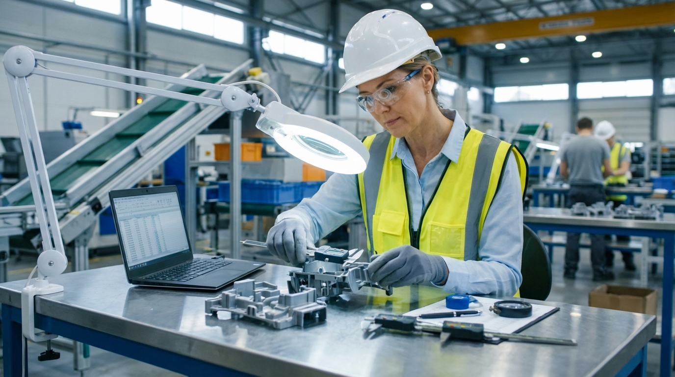 Quality control inspector wearing safety gear examining plastic parts with measuring instruments