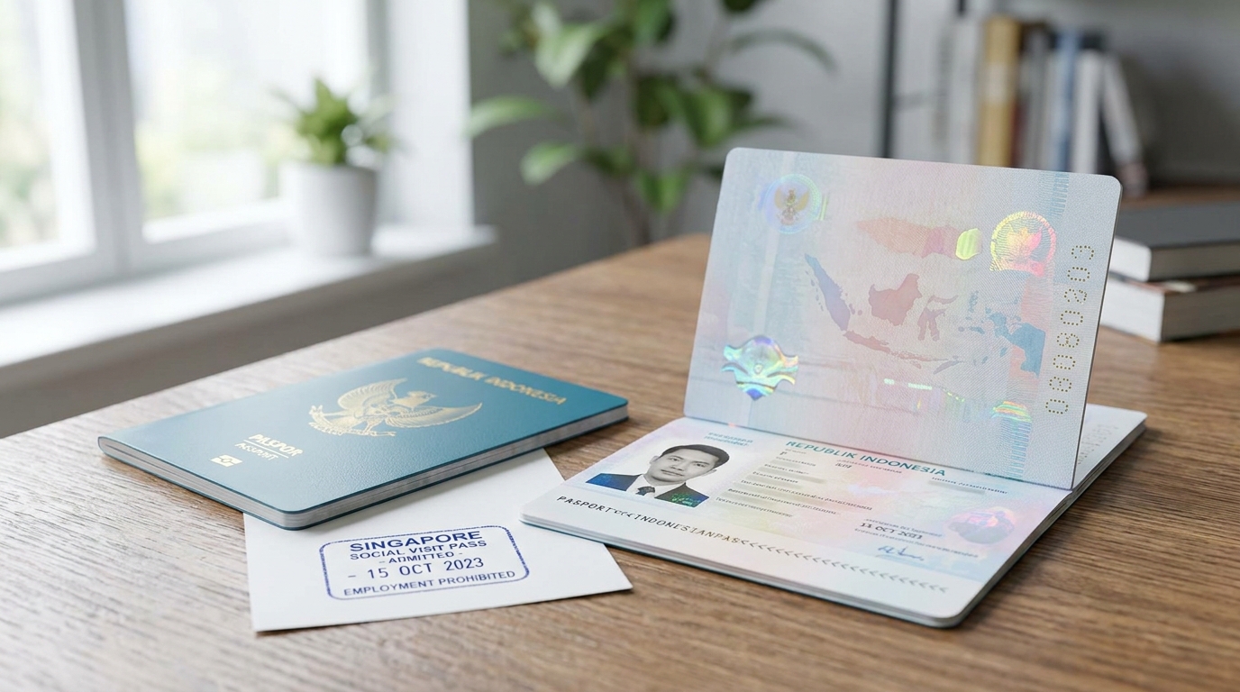 An Indonesian passport opened to the photo page placed beside a small Singapore Social Visit Pass stamp on a wooden desk, soft natural daylight, neutral background