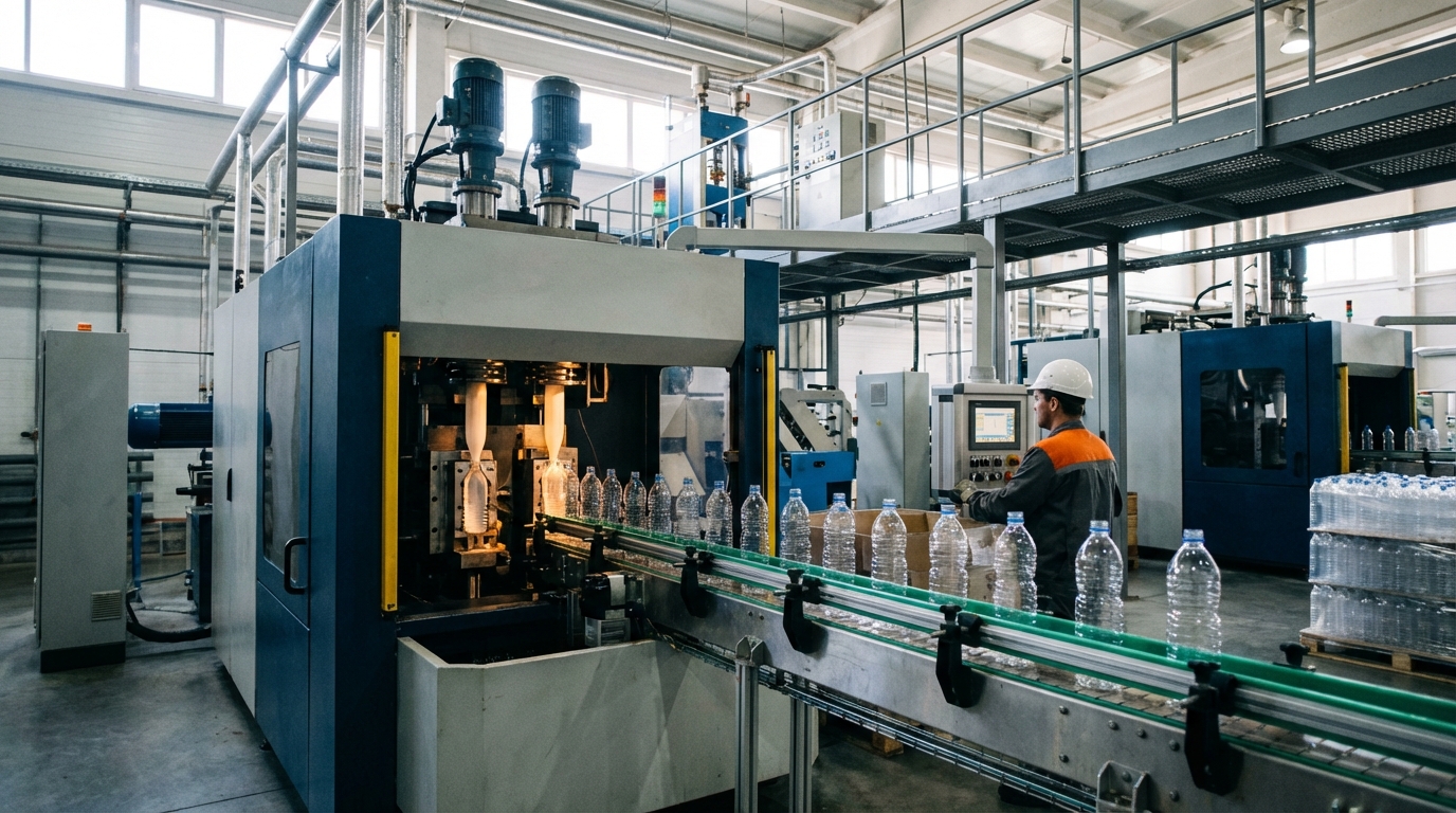 Industrial blow molding machine producing plastic bottles in factory setting