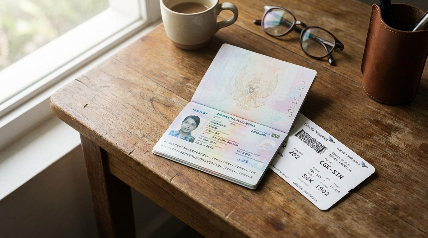An Indonesian passport opened on a wooden desk next to a printed boarding pass for a flight to Singapore, with soft natural daylight