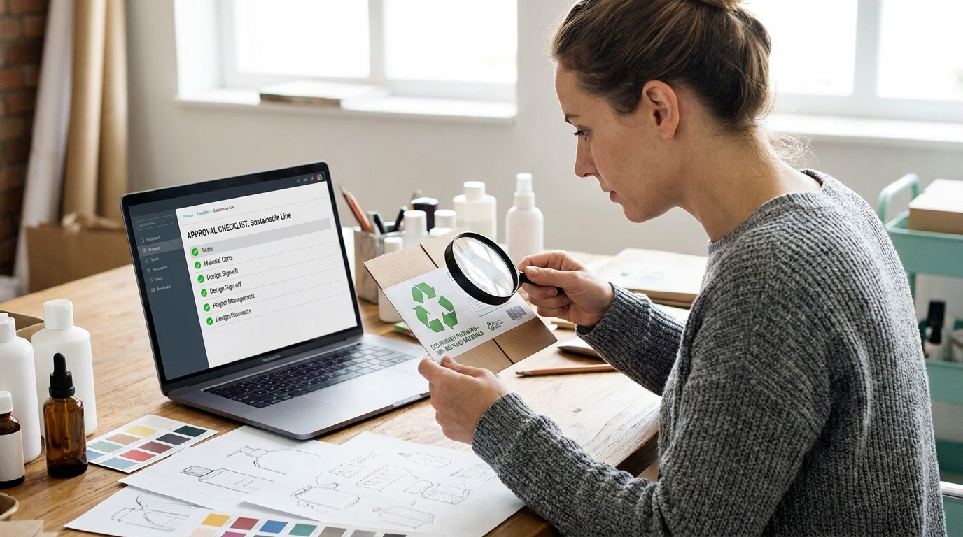 Packaging designer at a desk reviewing a printed product label showing recycling symbols and sustainability text, with a laptop displaying an approval checklist beside her
