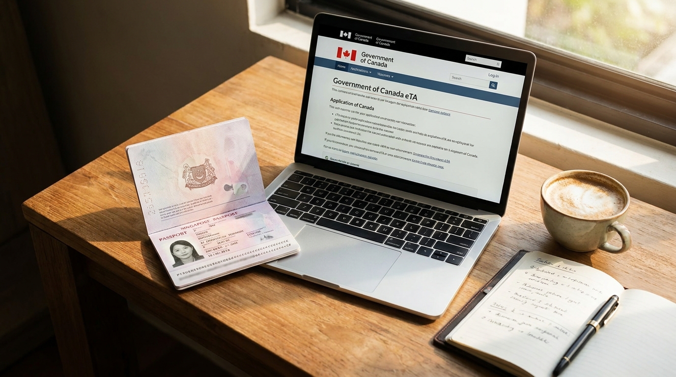A Singapore passport opened to the photo page resting on a wooden desk, beside a laptop displaying the official Government of Canada eTA application page, with a coffee cup and an open notebook nearby, warm natural lighting