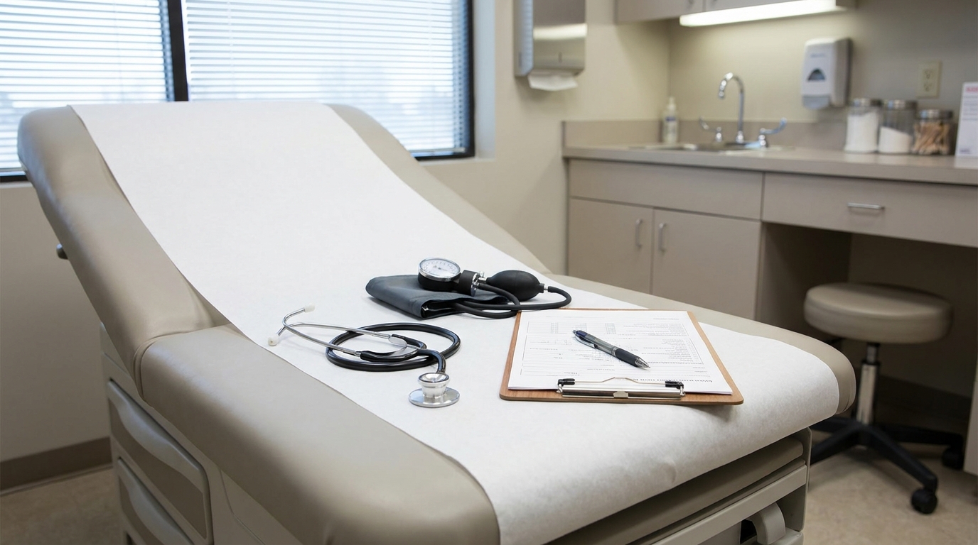 A clean clinical examination room with a doctor's stethoscope, a blood pressure cuff, and a clipboard with medical forms arranged on an examination table, neutral overhead lighting, photographed at eye level from across the room