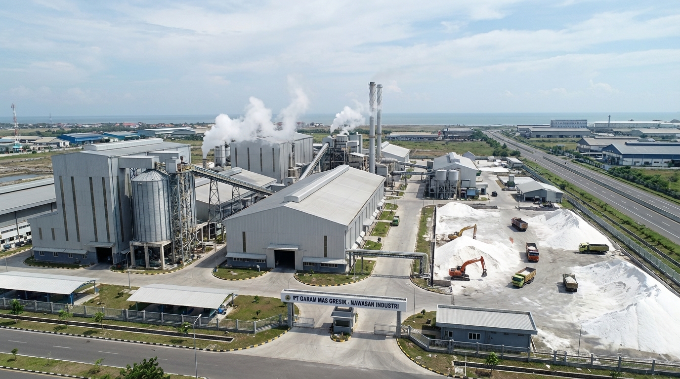 Pabrik pengolahan garam modern berskala besar dengan bangunan industrial di kawasan industri Gresik
