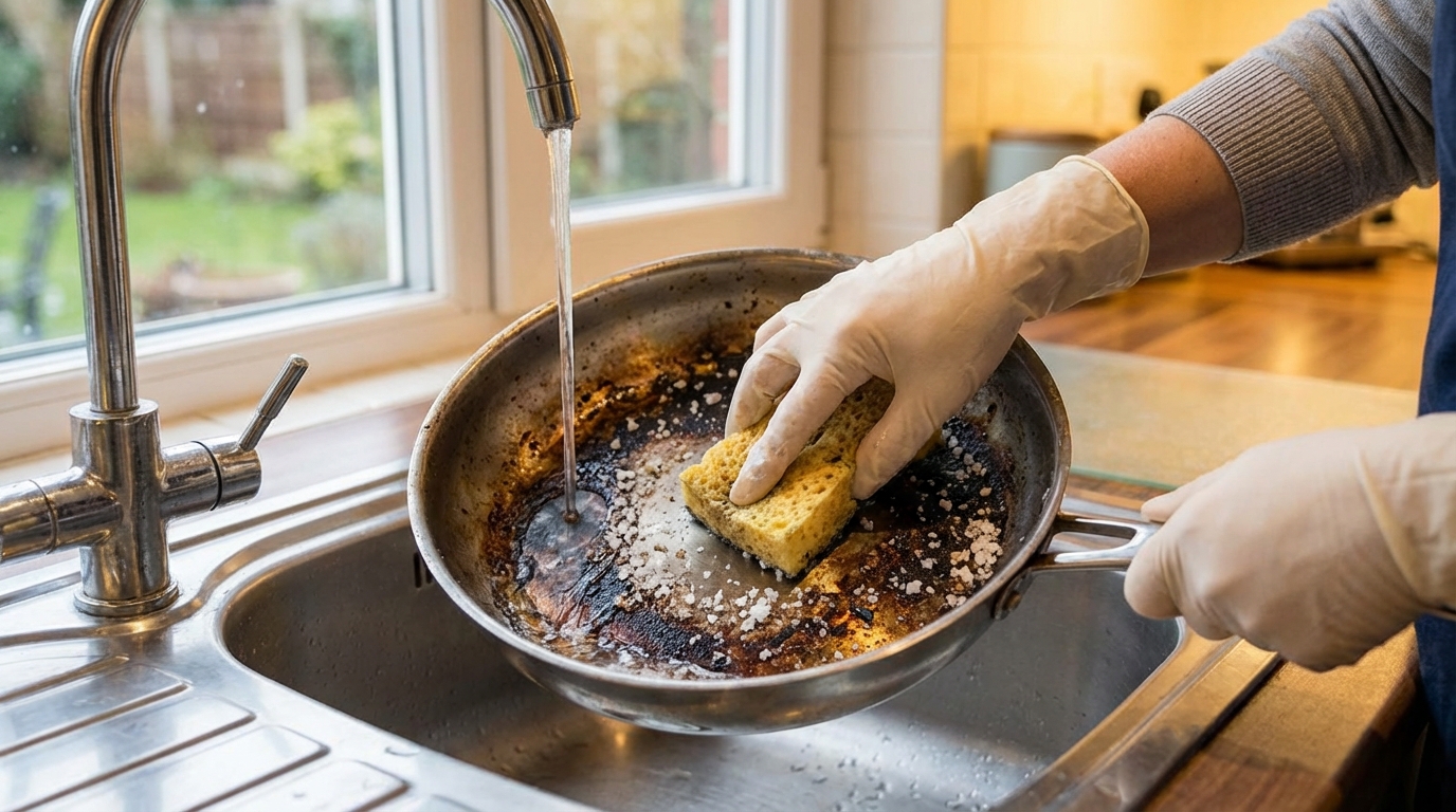Tangan seseorang menggosok panci gosong dengan garam kasar dan spons kuning di wastafel dapur