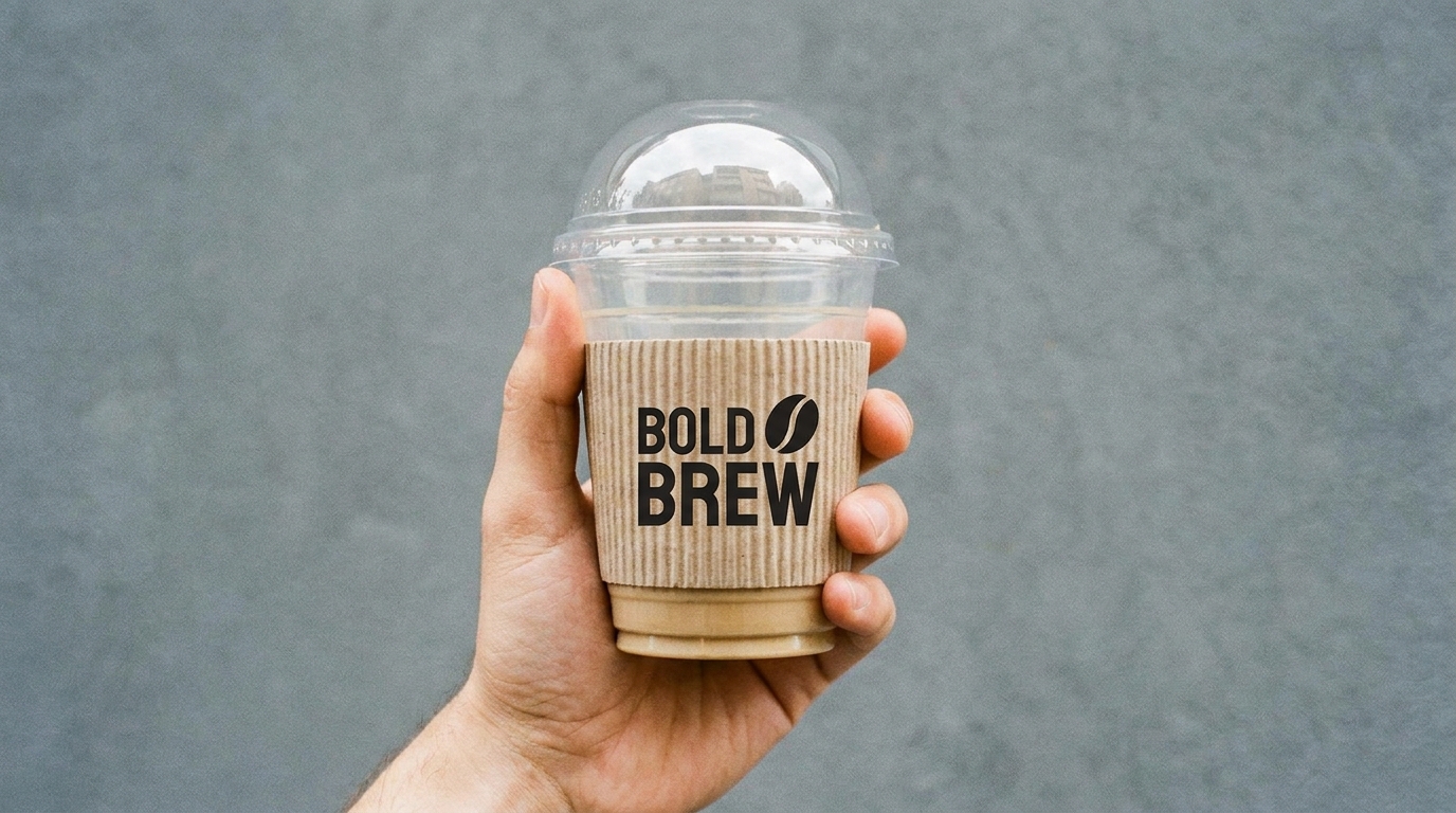A grab and go plastic coffee cup with a printed paper sleeve showing a simple bold logo, held in one hand against a plain background