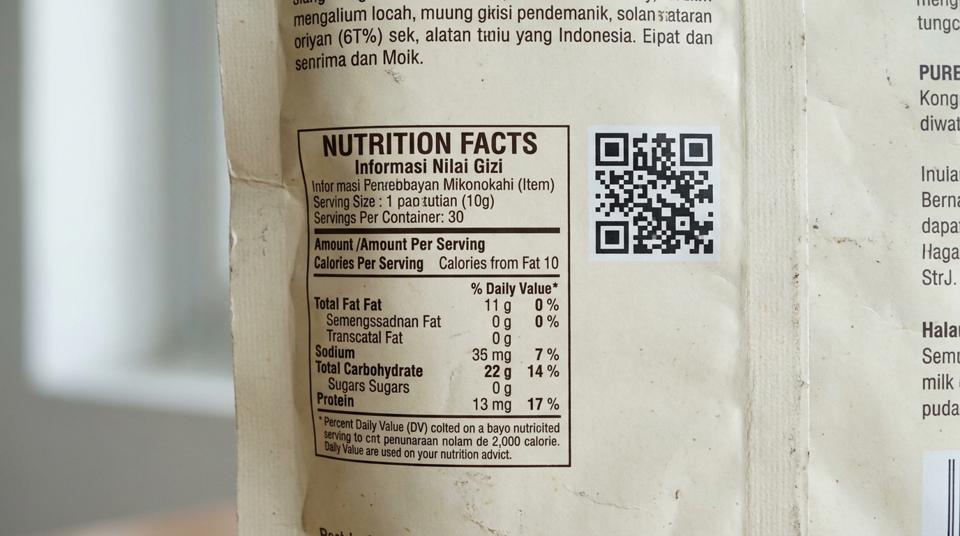 Nutrition facts panel and small square 2D barcode printed on the back of an Indonesian processed food package